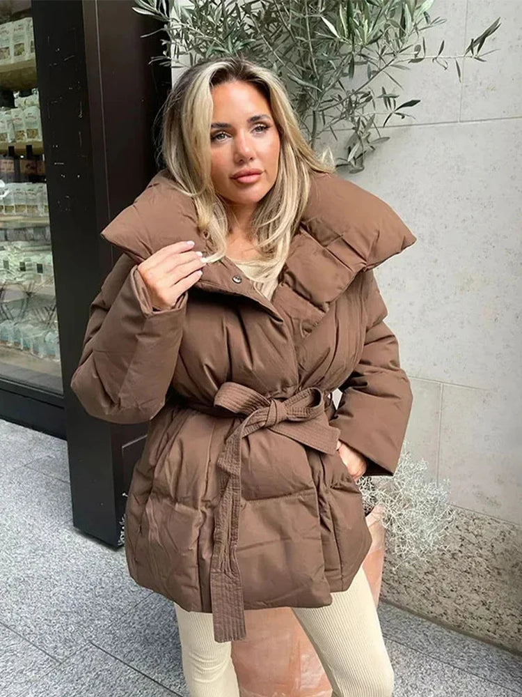 Solid Colour Lapel Tied Cotton Coat Women Fashionable Long .