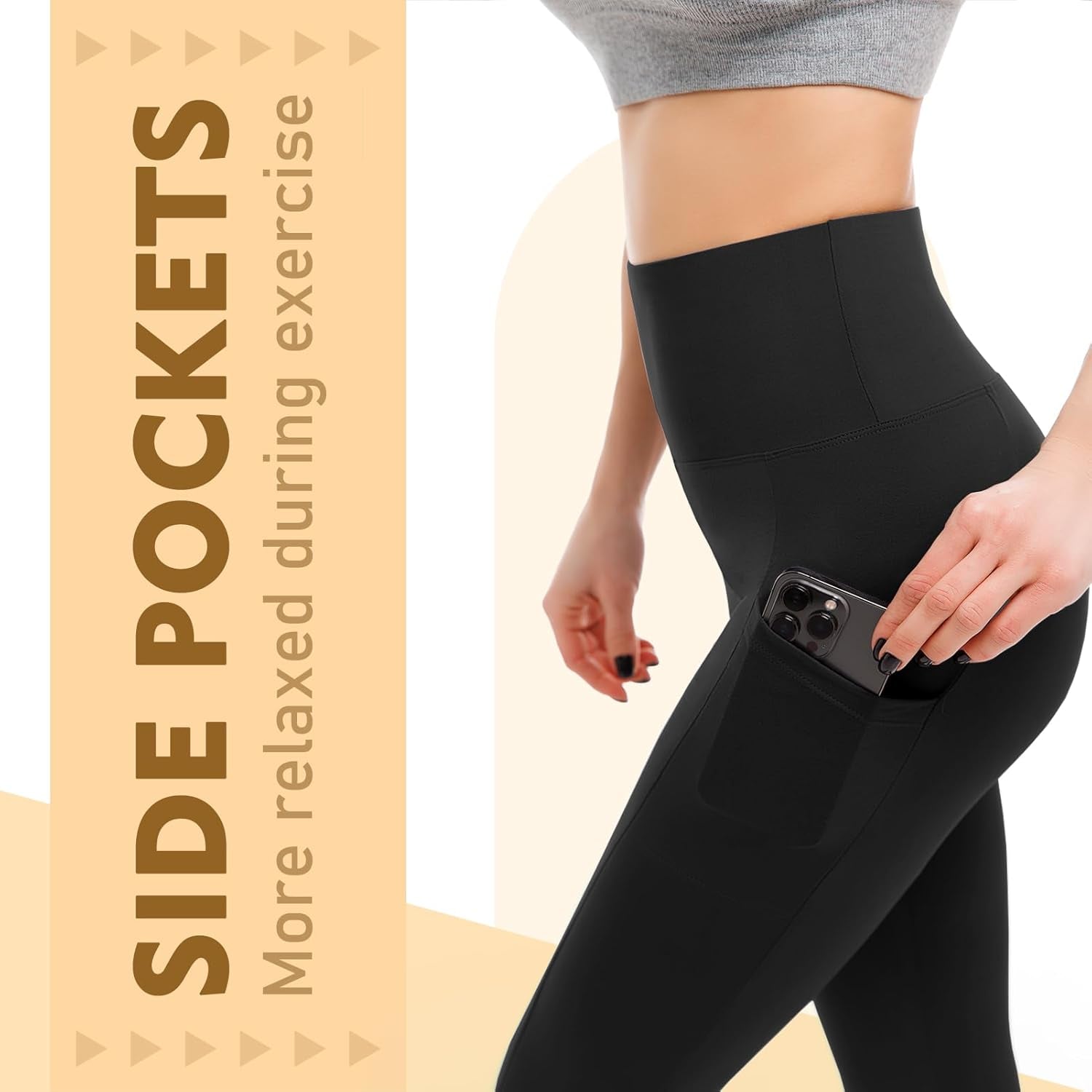 Leggings for Women UK with Pockets, 2 Pack Gym High Waisted Leggings for Workout Running Yoga.