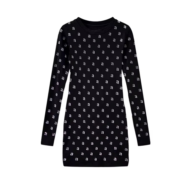 Wang'S Style Cotton Elasticity Slim Shining Diamond Black Mini Dress for Woman Long Club Evening Party Sleeved Dresses Clothes