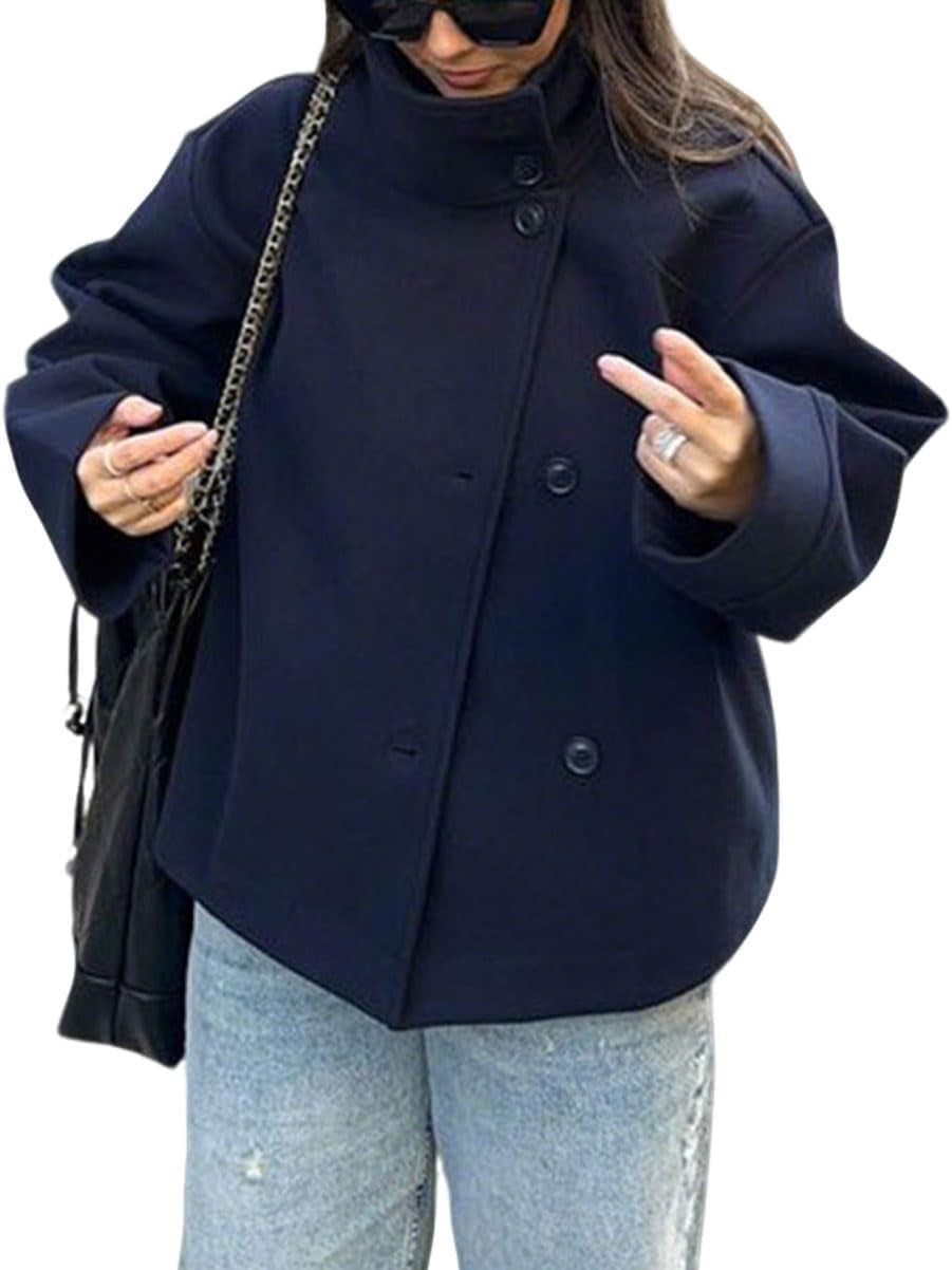 Women Crop Pea Coat Wool Blend Winter Loose Casual Short Jacket Outwear