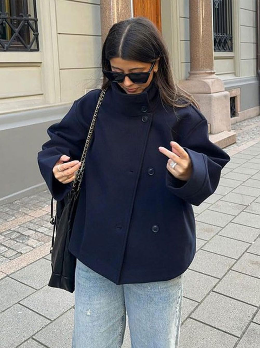 Women Crop Pea Coat Wool Blend Winter Loose Casual Short Jacket Outwear