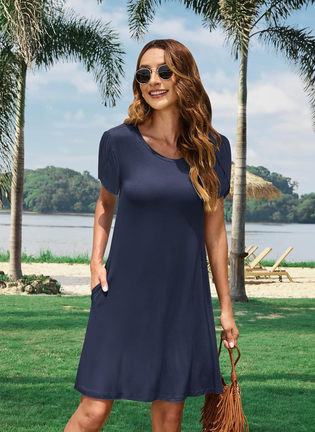Summer Dresses for Women UK Elegant Petal Short Sleeve T-Shirt Dress Crew Neck Casual Loose Swing Holiday Beach Dress with Pockets