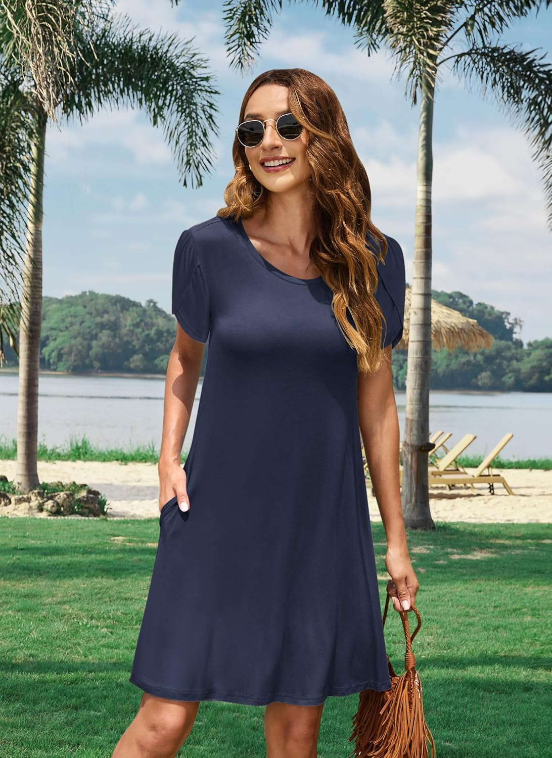Summer Dresses for Women UK Elegant Petal Short Sleeve T-Shirt Dress Crew Neck Casual Loose Swing Holiday Beach Dress with Pockets