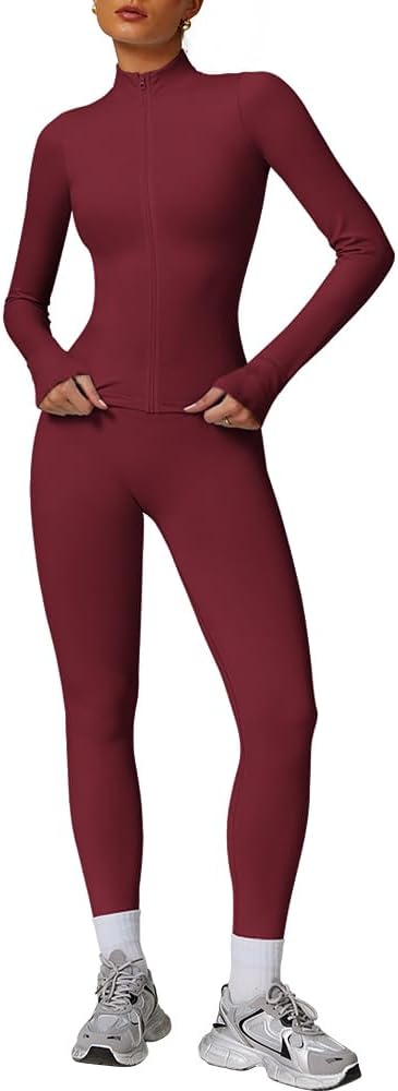 Women's 2Pcs Gym Sets Tracksuit Sweatsuit Yoga Suit Long Sleeve Activewear Zip up.