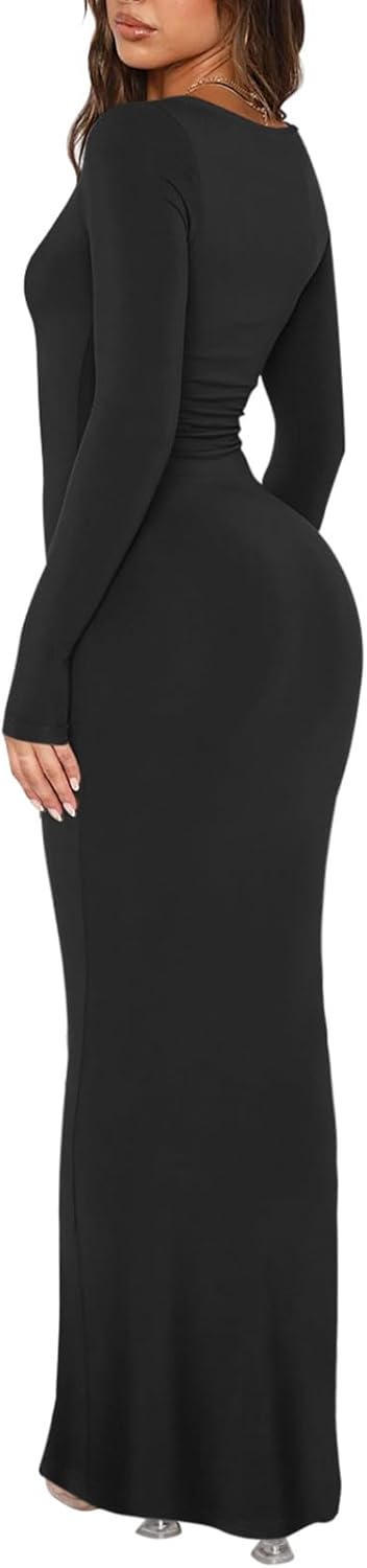 Women'S  Scoop Neck Long Sleeve Lounge Long Dress Ribbed Bodycon .