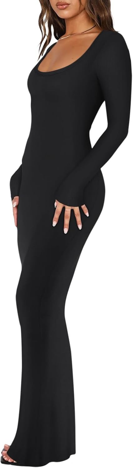 Womens Square Neck Long Sleeve Soft Lounge Long Dress Fall Casual Ribbed Bodycon Maxi Dresses