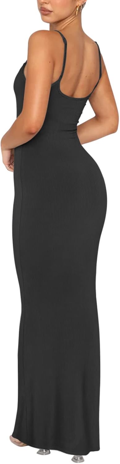 Women'S Sexy Lounge Slip Long Dress Elegant Sleeveless Backless Ribbed Bodycon .