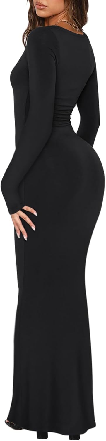 Womens Square Neck Long Sleeve Soft Lounge Long Dress Fall Casual Ribbed Bodycon Maxi Dresses
