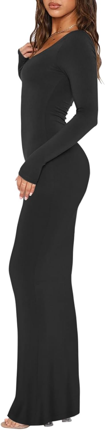 Women'S  Scoop Neck Long Sleeve Lounge Long Dress Ribbed Bodycon .
