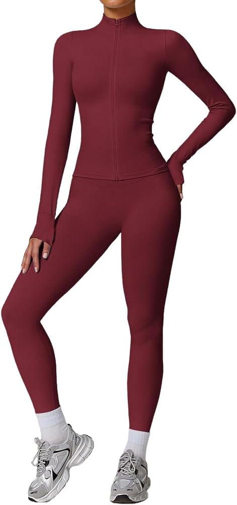 Women's 2Pcs Gym Sets Tracksuit Sweatsuit Yoga Suit Long Sleeve Activewear Zip up.