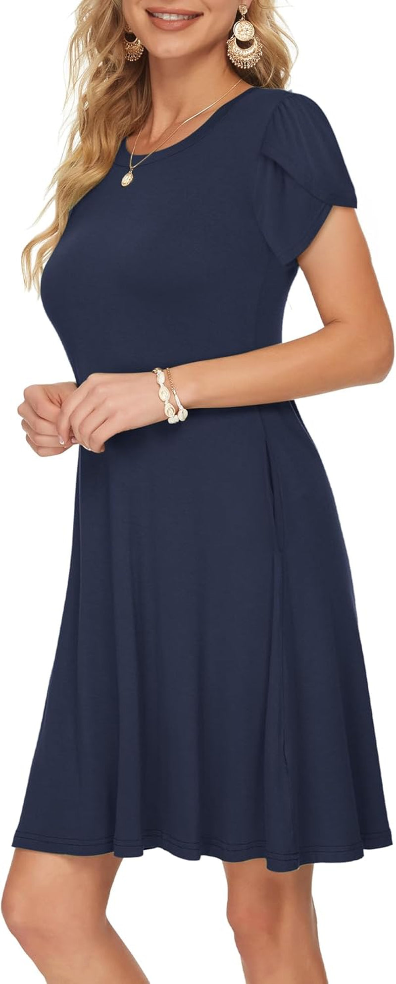 Summer Dresses for Women UK Elegant Petal Short Sleeve T-Shirt Dress Crew Neck Casual Loose Swing Holiday Beach Dress with Pockets