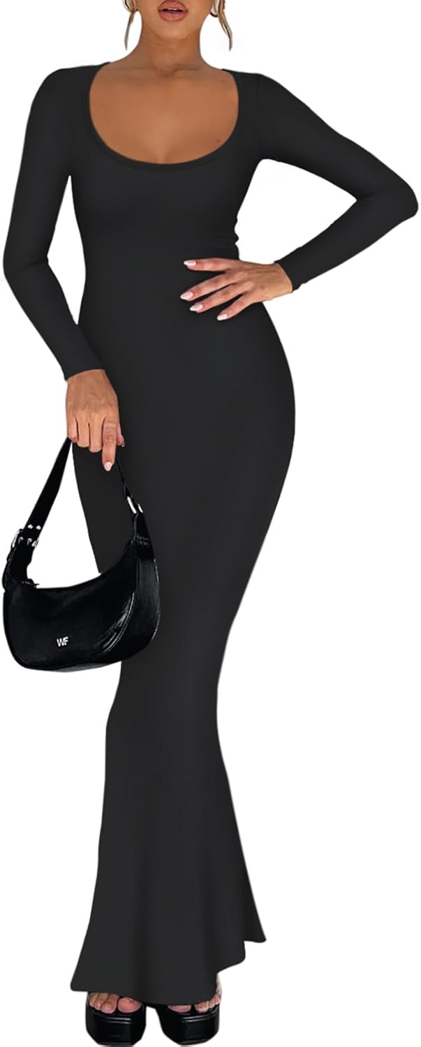 Womens Square Neck Long Sleeve Soft Lounge Long Dress Fall Casual Ribbed Bodycon Maxi Dresses