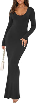 Women'S  Scoop Neck Long Sleeve Lounge Long Dress Ribbed Bodycon .