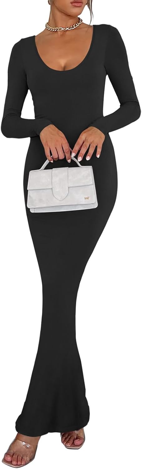 Women'S  Scoop Neck Long Sleeve Lounge Long Dress Ribbed Bodycon .