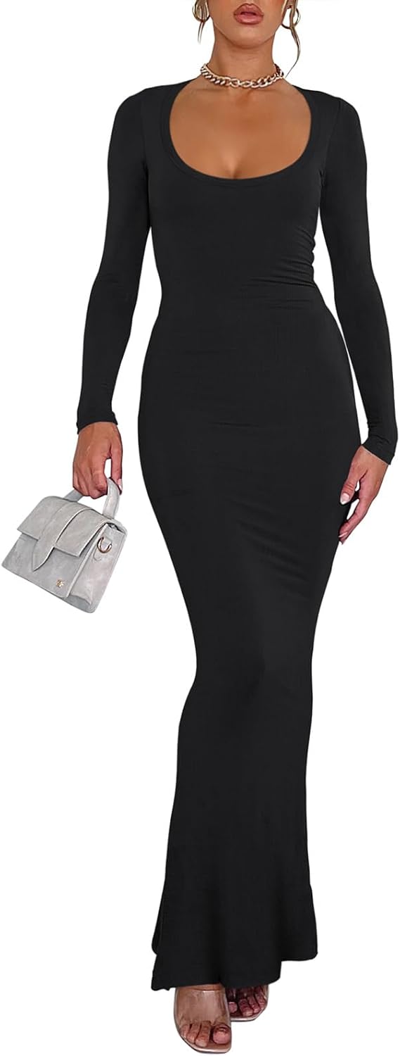 Womens Square Neck Long Sleeve Soft Lounge Long Dress Fall Casual Ribbed Bodycon Maxi Dresses