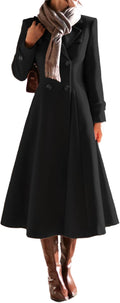 A women’s long wool-blend winter coat with a double-breasted front, notch lapel collar, and side pockets, designed to keep you warm and stylish through fall and winter. It has a knee-length silhouette that works for casual and dressier outfits alike.