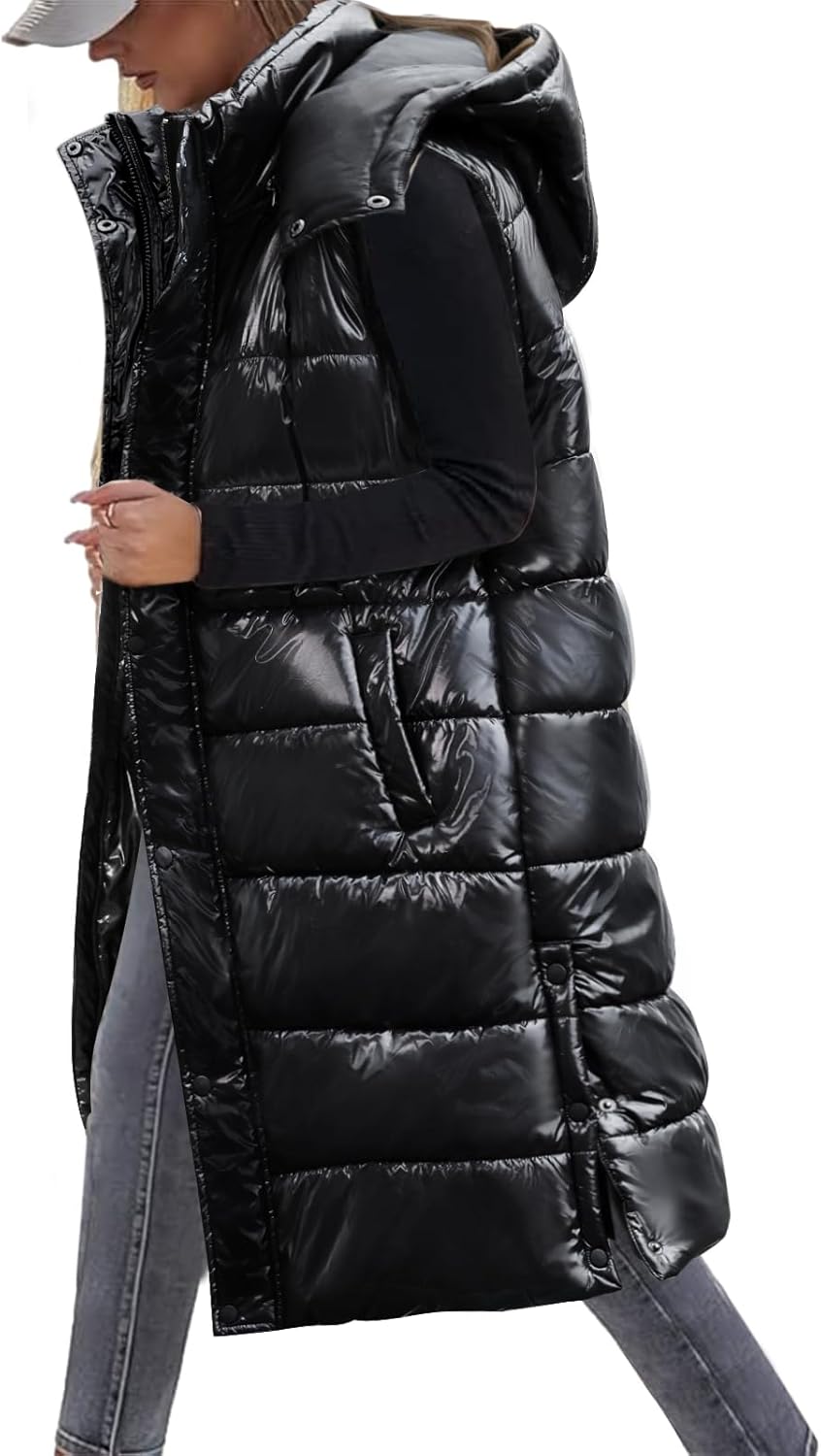 Women Quilted Gilets Longline Hooded Waistcoat Ladies Bodywarmer Winter Jacket with Pockets