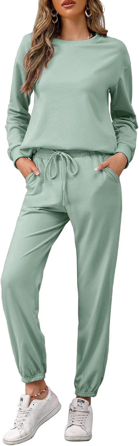 Womens Long Sleeve Crewneck Solid Color Two Piece Outfit Tracksuit Set Sweatshirt & Sweatpants.