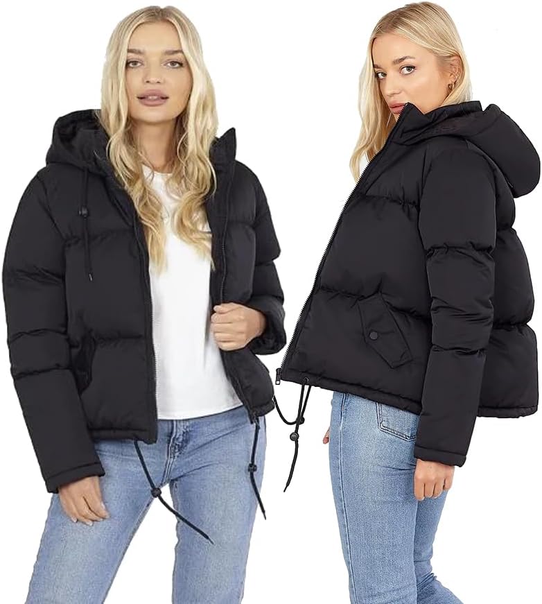 A women’s short quilted padded puffer jacket with a hood, designed to keep you warm and comfortable in winter while offering a casual, everyday outdoor style.