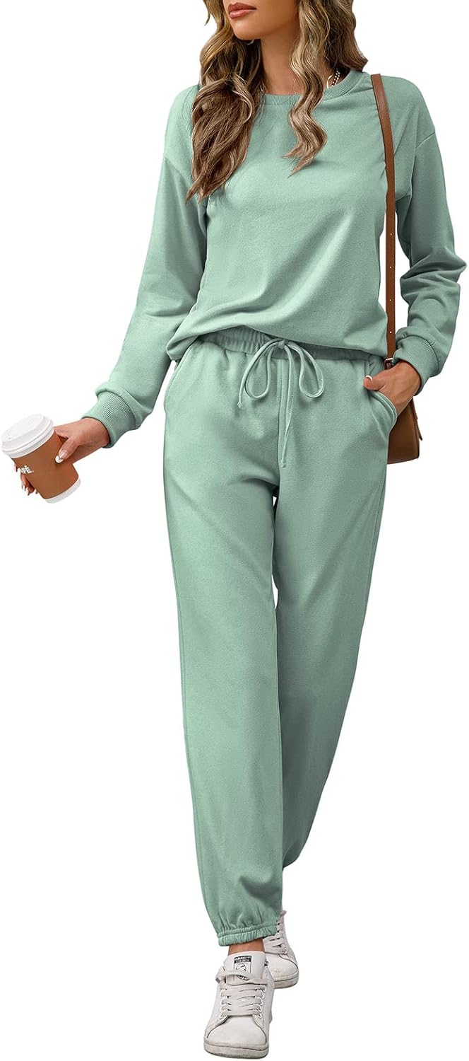 Womens Long Sleeve Crewneck Solid Color Two Piece Outfit Tracksuit Set Sweatshirt & Sweatpants.