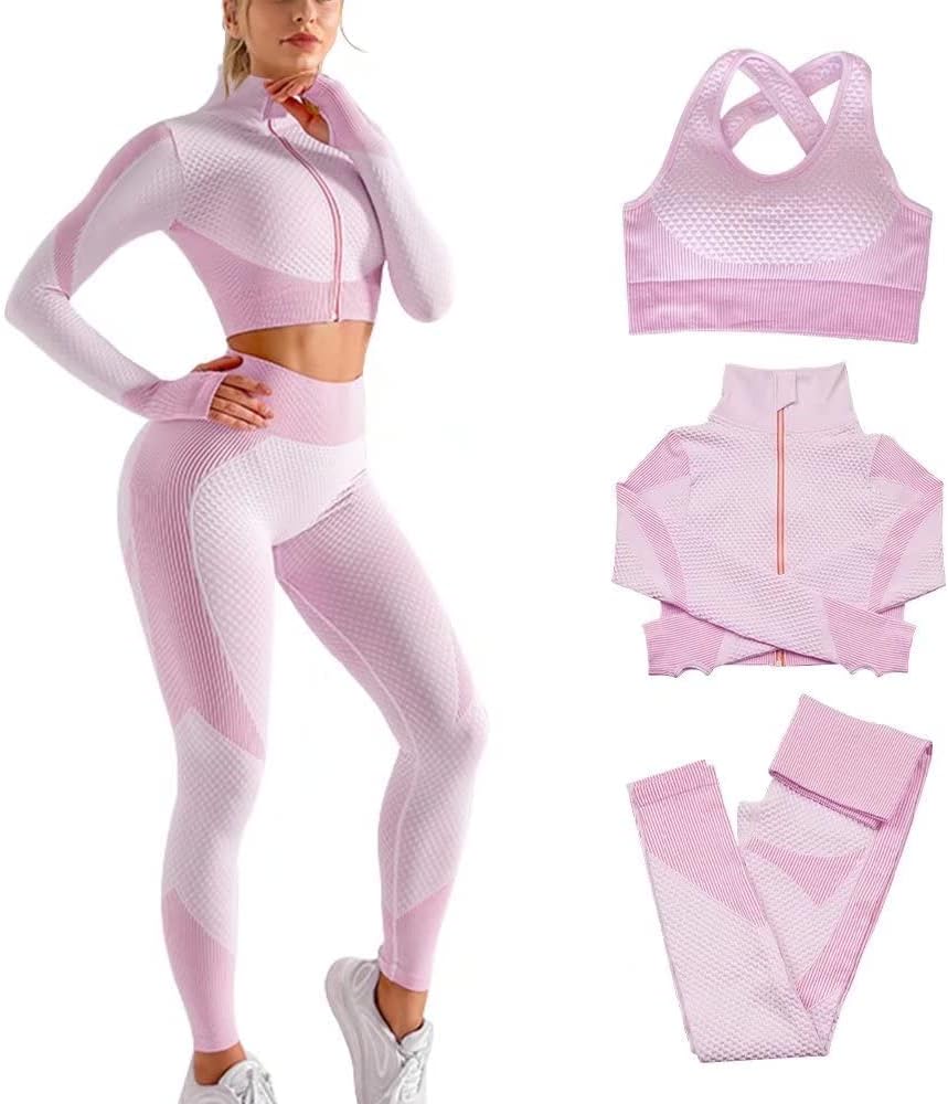 Tracksuit for Women,3Pcs Outfits Workout Joggers Yoga Gym Sportswear Leggings and Stretch Sports Bra Jumpsuits Clothes Sets.