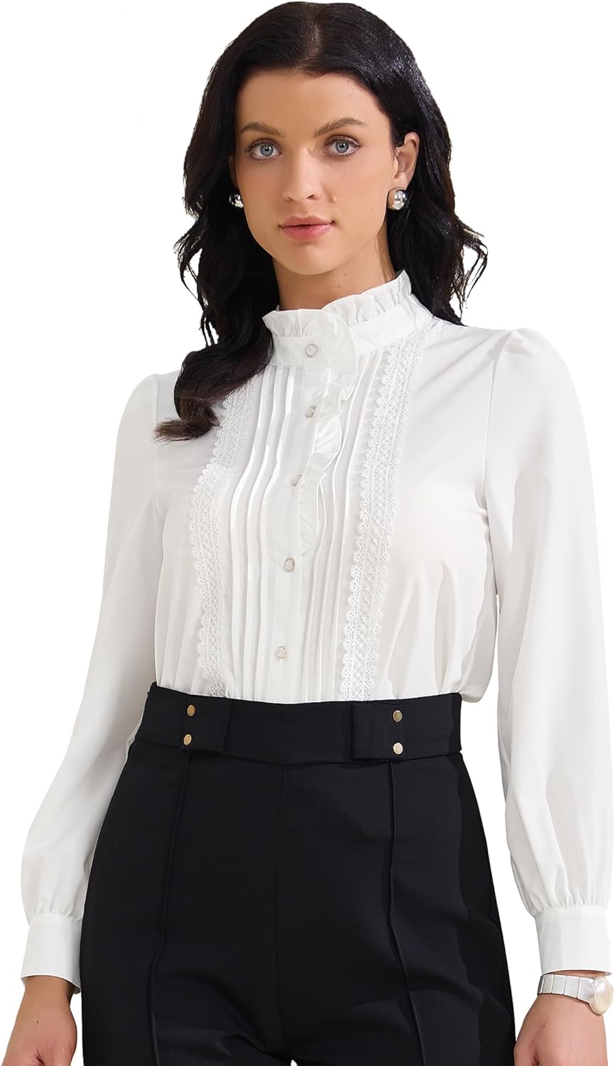 Women'S Retro Ruffled Button down Shirts Casual Long Sleeve Blouse Elegant Work Tops