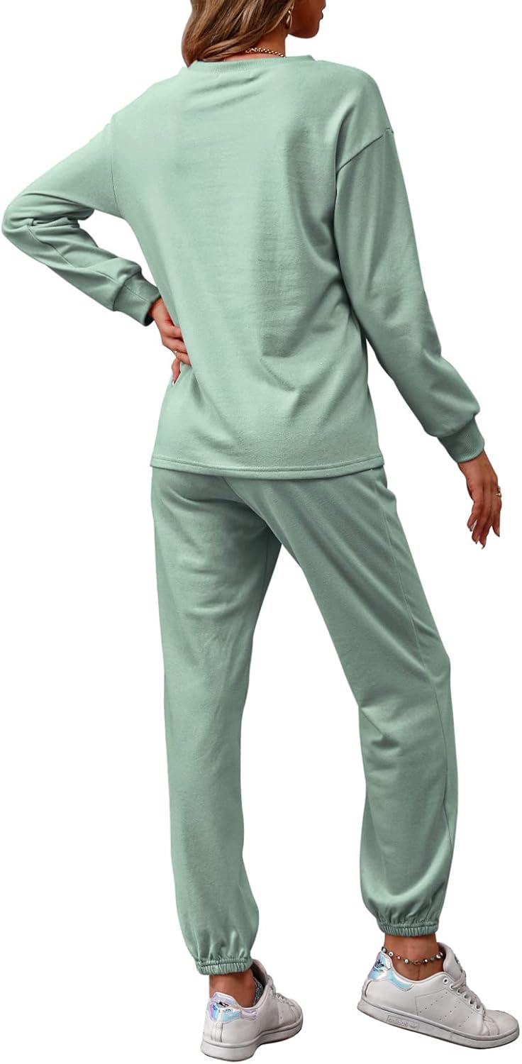 Womens Long Sleeve Crewneck Solid Color Two Piece Outfit Tracksuit Set Sweatshirt & Sweatpants.