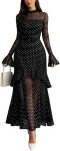 Women'S Long Sleeve Bodycon Dress Black Sheer Mesh round Neck Gothic Evening Gown Maxi Winter Wedding Guest Dresses