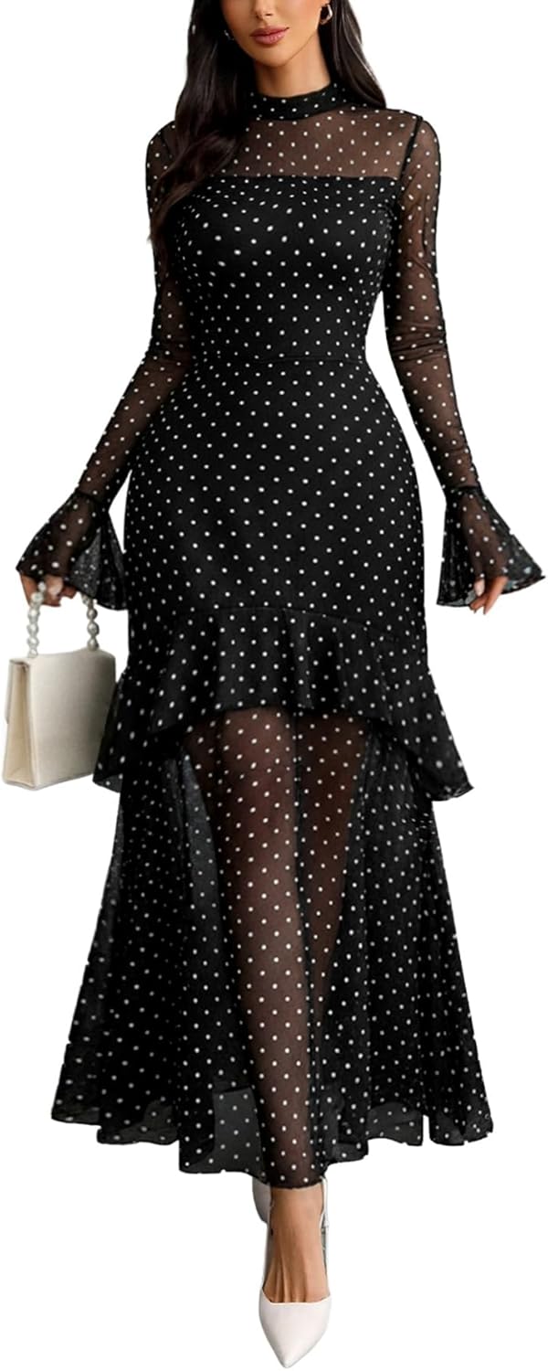 Women'S Long Sleeve Bodycon Dress Black Sheer Mesh round Neck Gothic Evening Gown Maxi Winter Wedding Guest Dresses