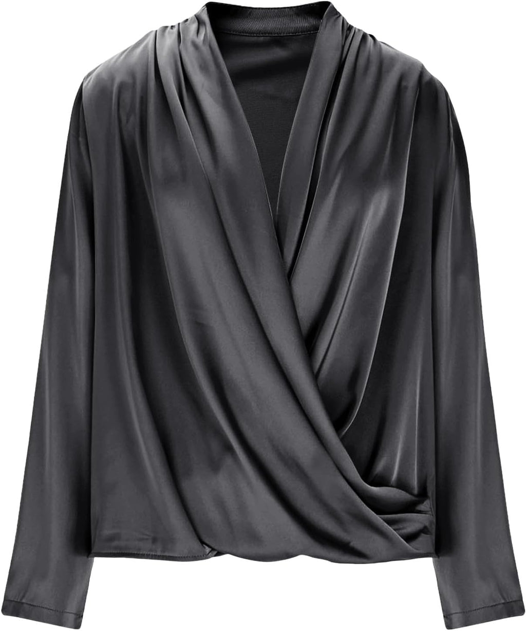 Elegant satin tops for women i – long sleeve, V-neck, pleated or wrap style, perfect for office, parties, casual wear.