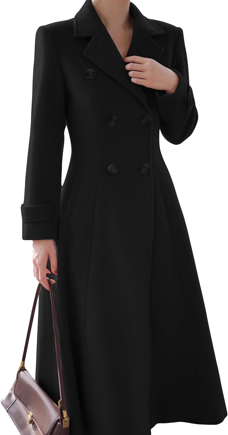 A women’s long wool-blend winter coat with a double-breasted front, notch lapel collar, and side pockets, designed to keep you warm and stylish through fall and winter. It has a knee-length silhouette that works for casual and dressier outfits alike.