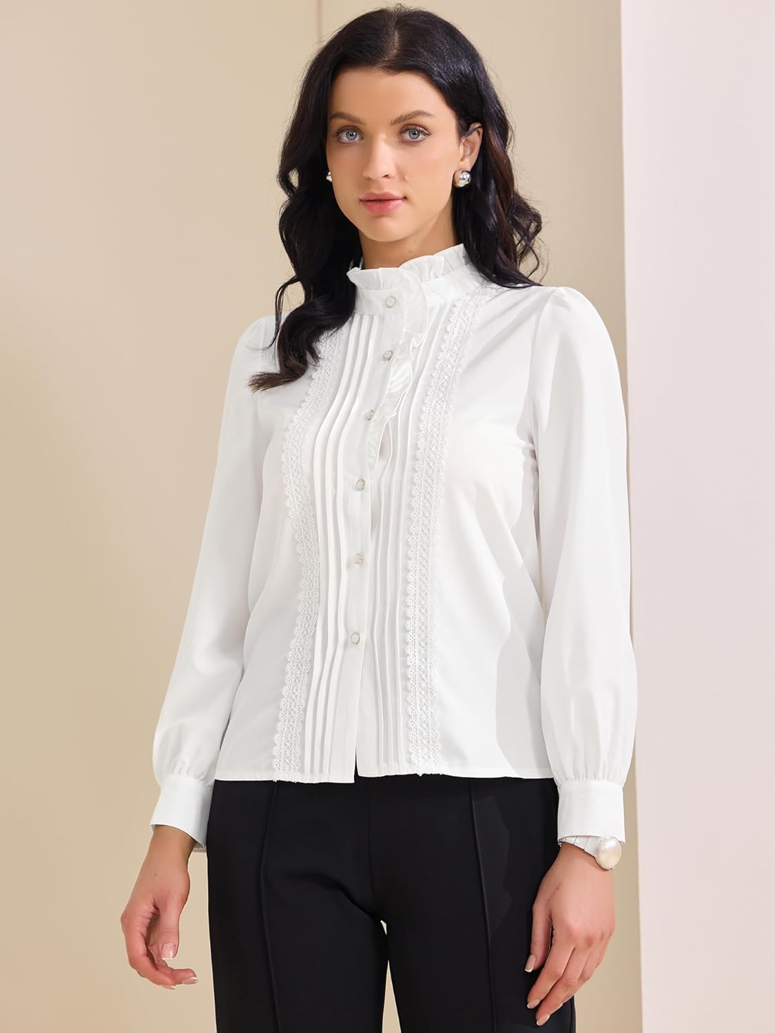 Women'S Retro Ruffled Button down Shirts Casual Long Sleeve Blouse Elegant Work Tops