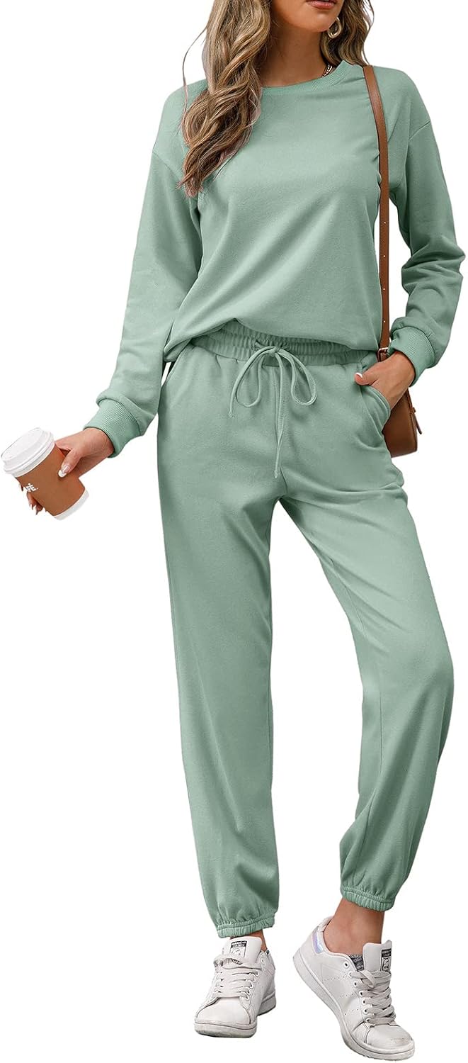Womens Long Sleeve Crewneck Solid Color Two Piece Outfit Tracksuit Set Sweatshirt & Sweatpants.