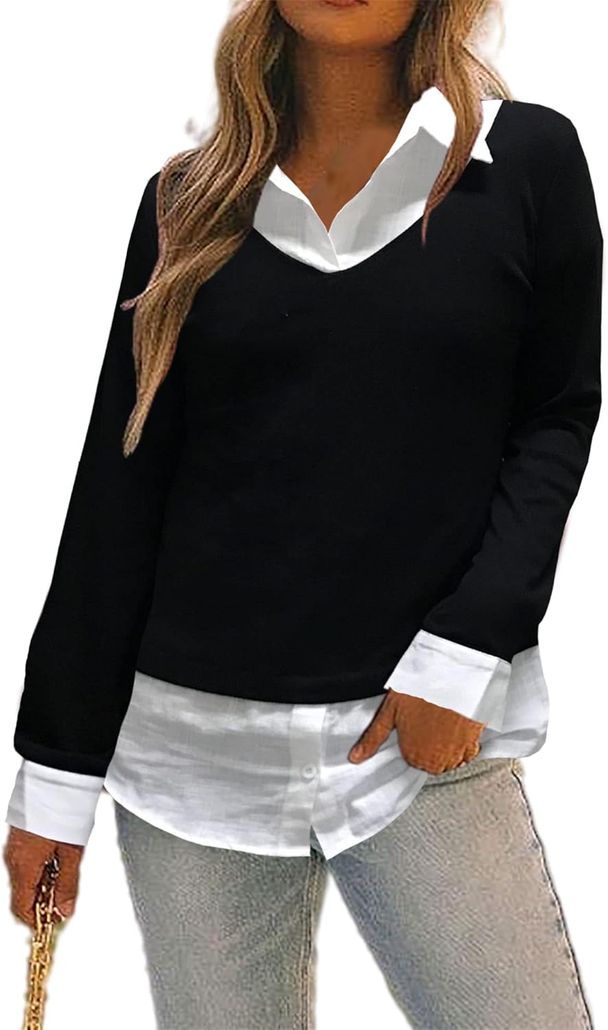 Women'S Casual Collared Curved Hem 2 in 1 Pullover Tops Plaid Contrast Shirt Blouse