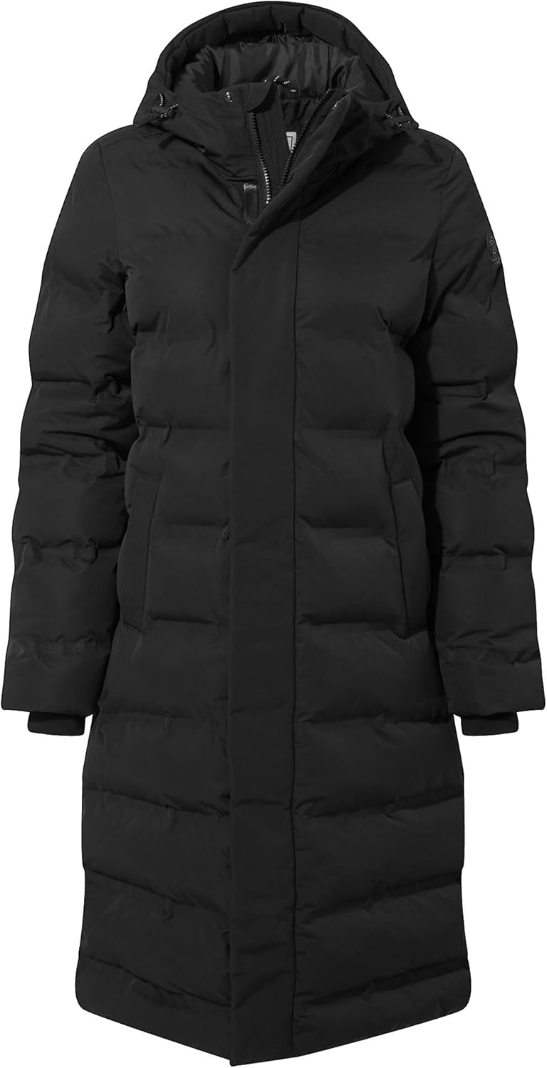 A long women’s insulated puffer coat with water-repellent (DWR) finish, heat-sealed baffled insulation and adjustable toggles at the hood and waist for a warm, weather-ready and flattering fit.