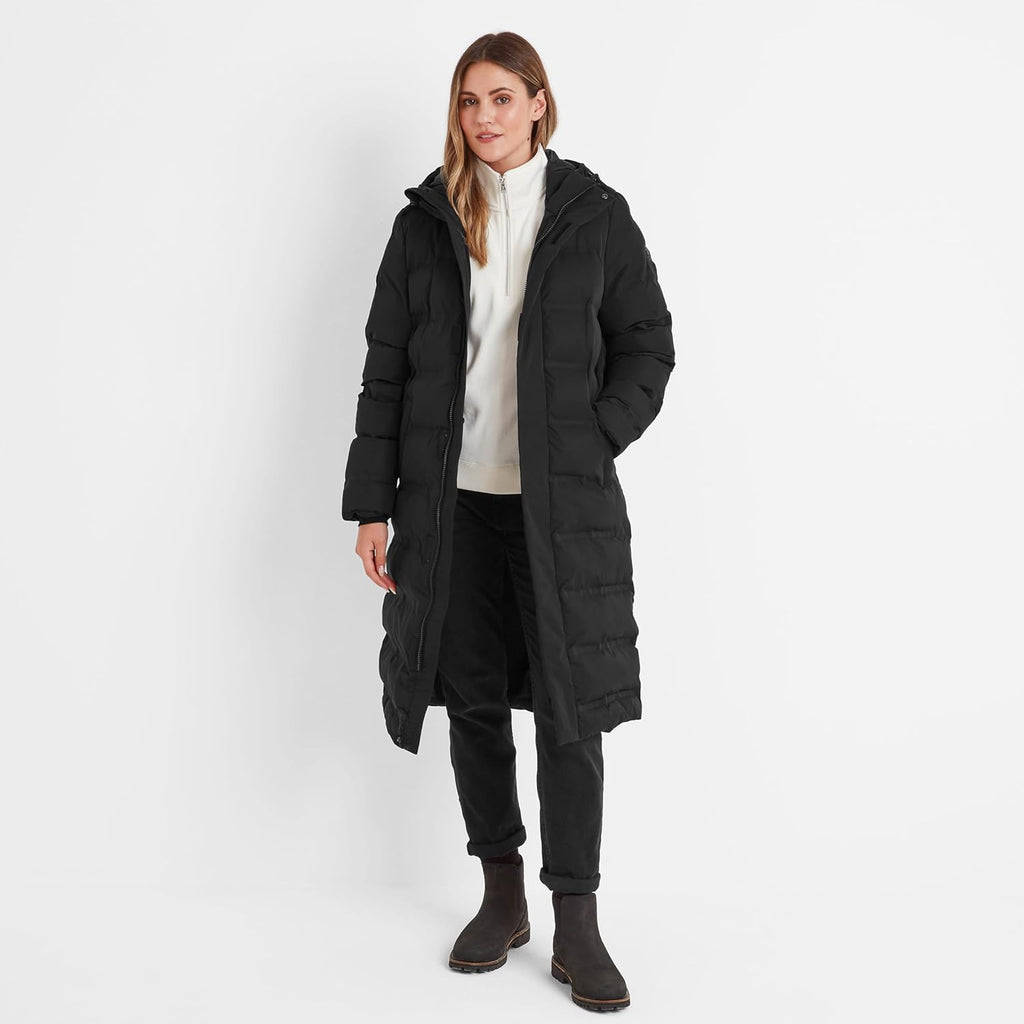 A long women’s insulated puffer coat with water-repellent (DWR) finish, heat-sealed baffled insulation and adjustable toggles at the hood and waist for a warm, weather-ready and flattering fit.