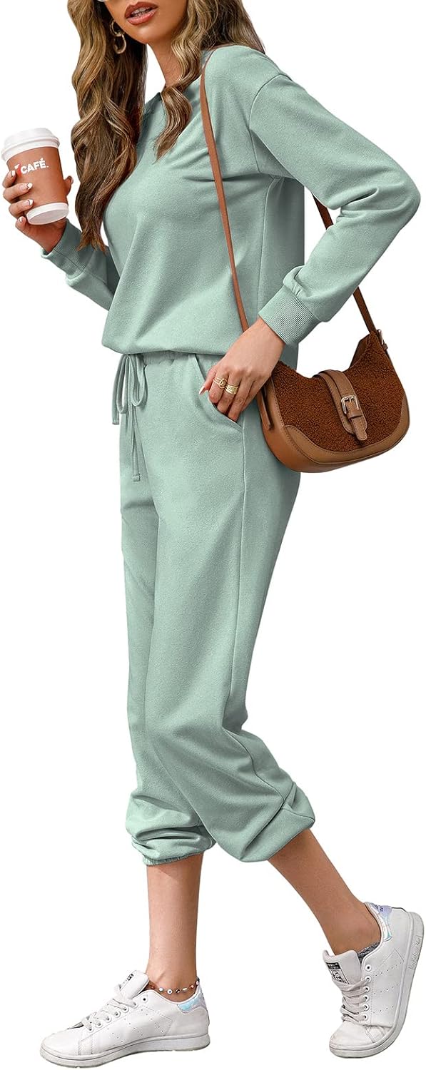 Womens Long Sleeve Crewneck Solid Color Two Piece Outfit Tracksuit Set Sweatshirt & Sweatpants.