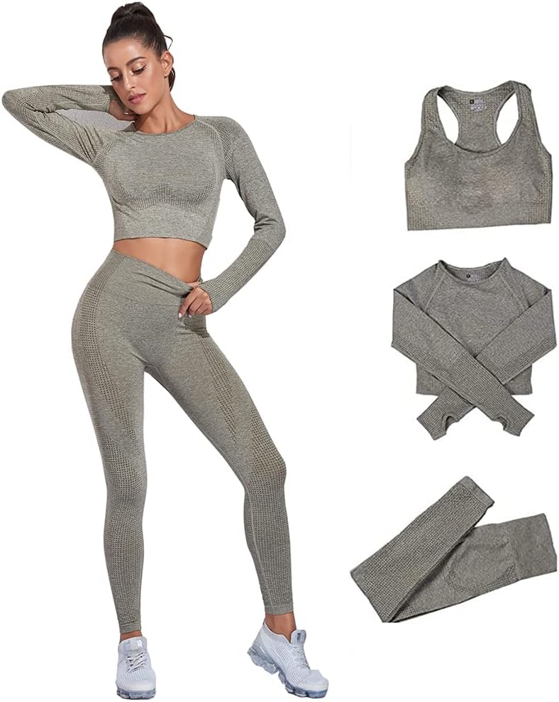 Seamless Tracksuit for Women,2/3Pcs Outfits Workout Joggers Yoga Gym Sportswear Leggings and Stretch Sports Bra Jumpsuits Clothes Sets.