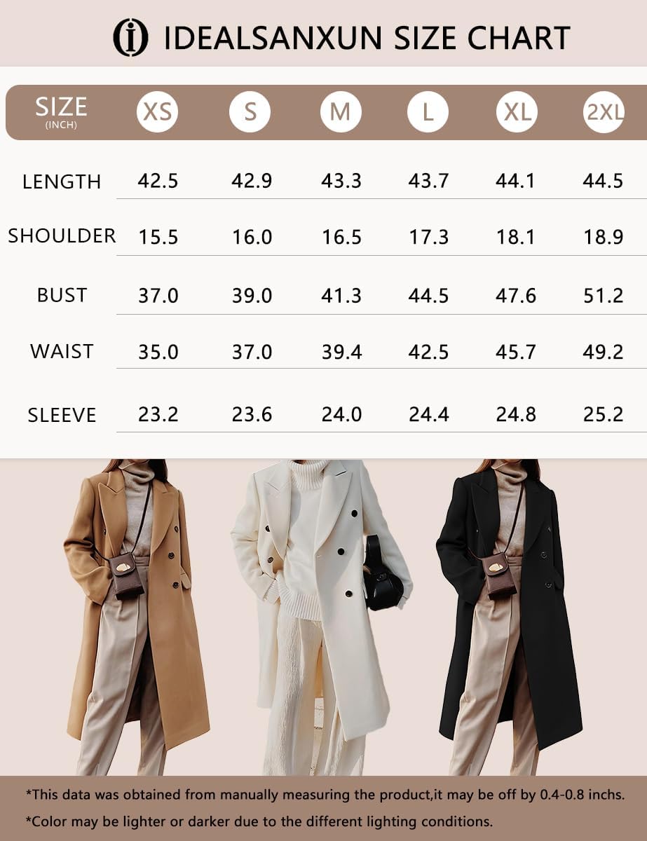 Womens Long Wool Coats Fall Winter Double Breasted Trench.