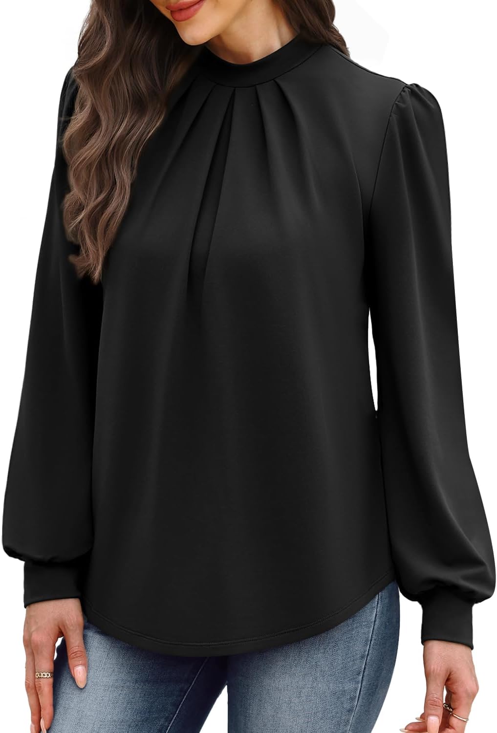 Blouses for Women Long Sleeve Tops Mock Neck Pleated Shirts Ladies Tops Business Loose Fit