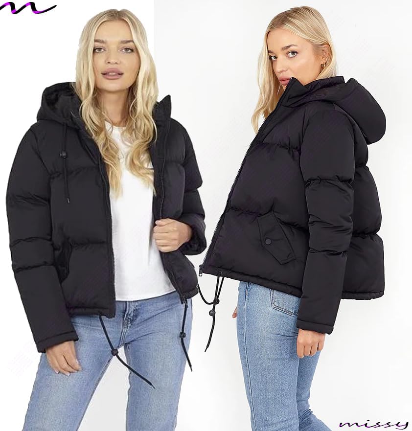 A women’s short quilted padded puffer jacket with a hood, designed to keep you warm and comfortable in winter while offering a casual, everyday outdoor style.