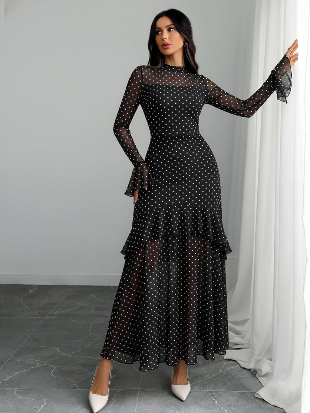 Women'S Long Sleeve Bodycon Dress Black Sheer Mesh round Neck Gothic Evening Gown Maxi Winter Wedding Guest Dresses