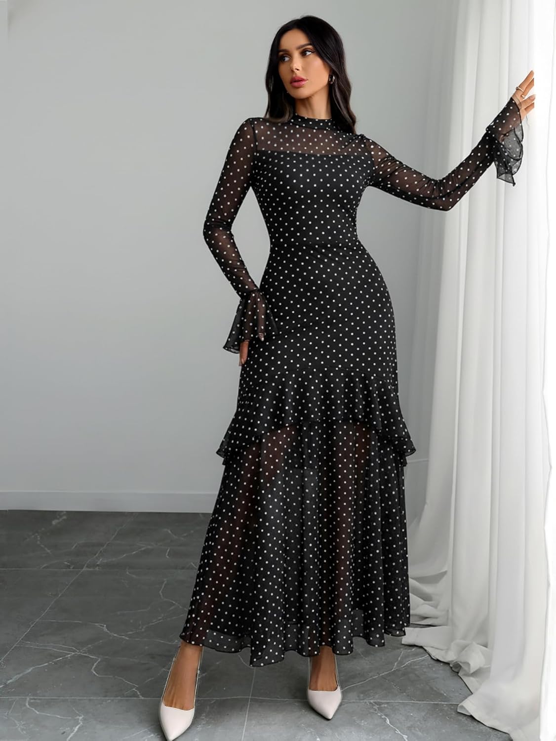 Women'S Long Sleeve Bodycon Dress Black Sheer Mesh round Neck Gothic Evening Gown Maxi Winter Wedding Guest Dresses
