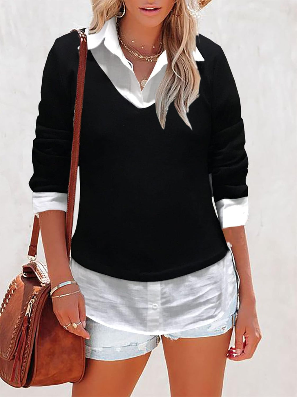 Women'S Casual Collared Curved Hem 2 in 1 Pullover Tops Plaid Contrast Shirt Blouse