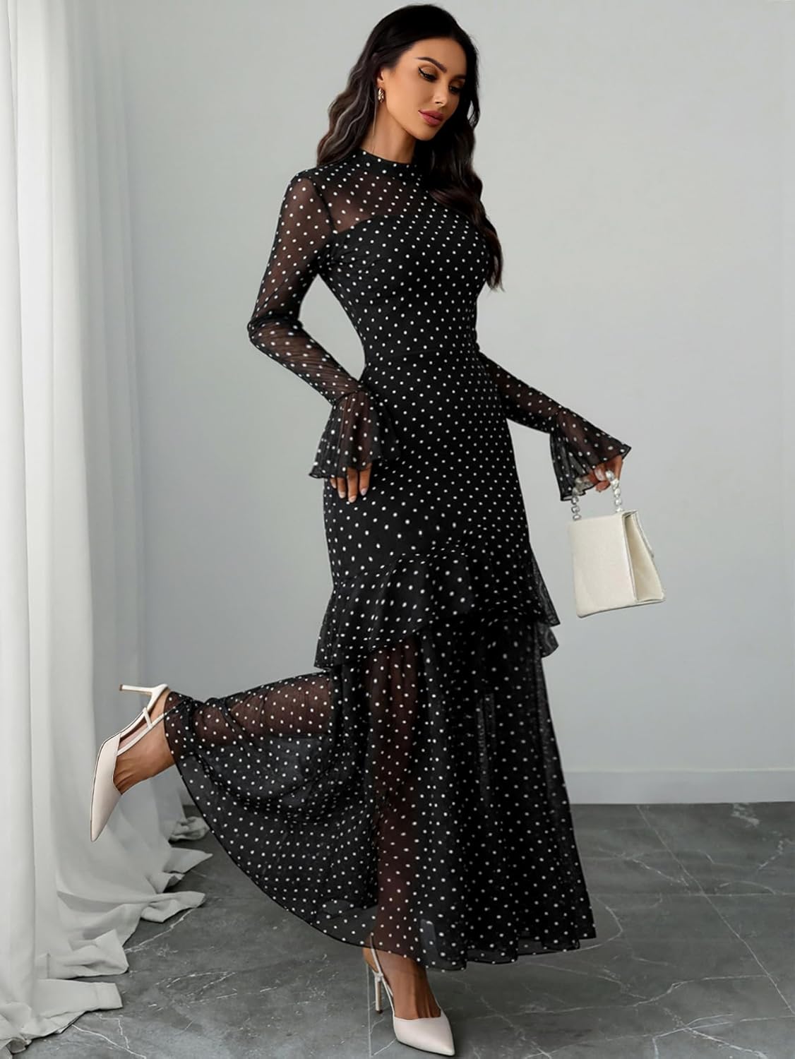 Women'S Long Sleeve Bodycon Dress Black Sheer Mesh round Neck Gothic Evening Gown Maxi Winter Wedding Guest Dresses