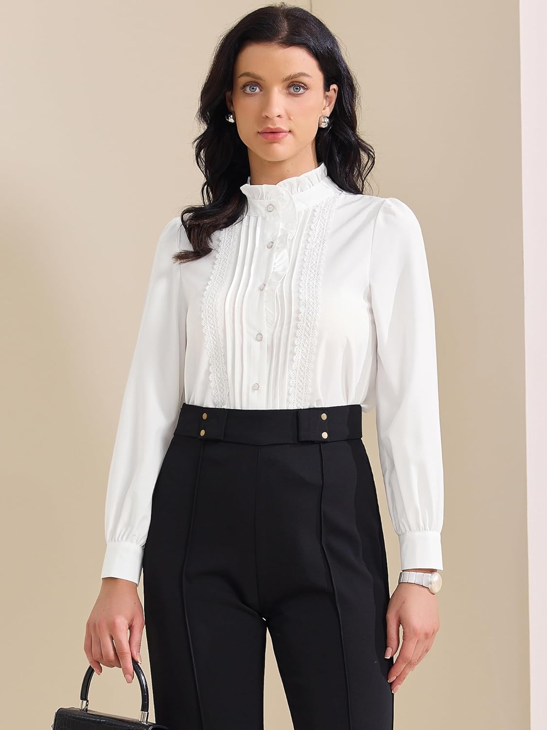 Women'S Retro Ruffled Button down Shirts Casual Long Sleeve Blouse Elegant Work Tops