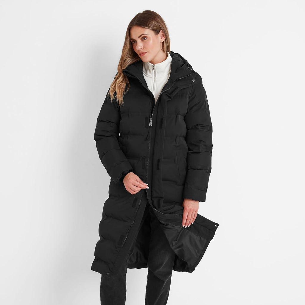 A long women’s insulated puffer coat with water-repellent (DWR) finish, heat-sealed baffled insulation and adjustable toggles at the hood and waist for a warm, weather-ready and flattering fit.