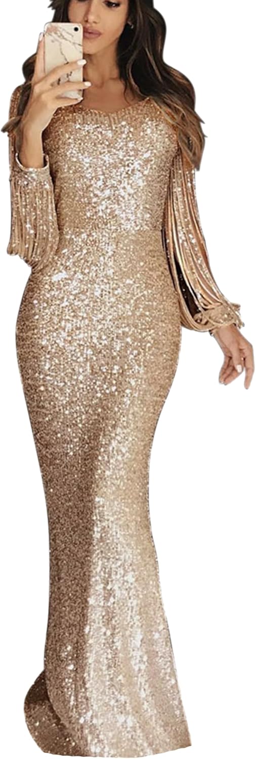 Women's  Neck Fashion Sparkly Sequin Party Dresses Long Sleeves.