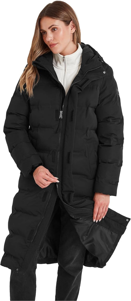A long women’s insulated puffer coat with water-repellent (DWR) finish, heat-sealed baffled insulation and adjustable toggles at the hood and waist for a warm, weather-ready and flattering fit.