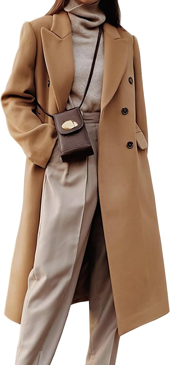 Womens Long Wool Coats Fall Winter Double Breasted Trench.